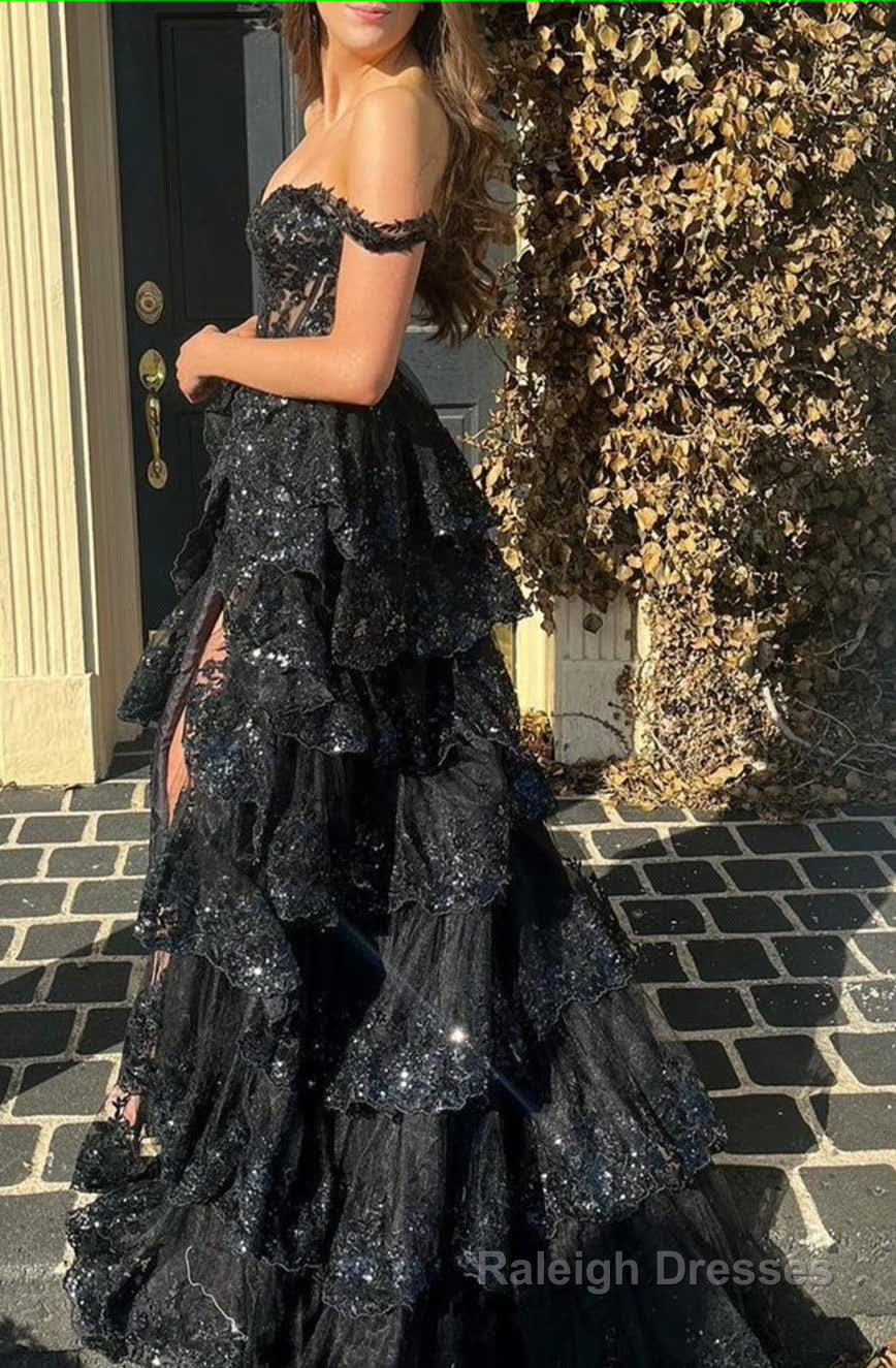 Black Off The Shoulder Tiered Prom Dress Secondary image