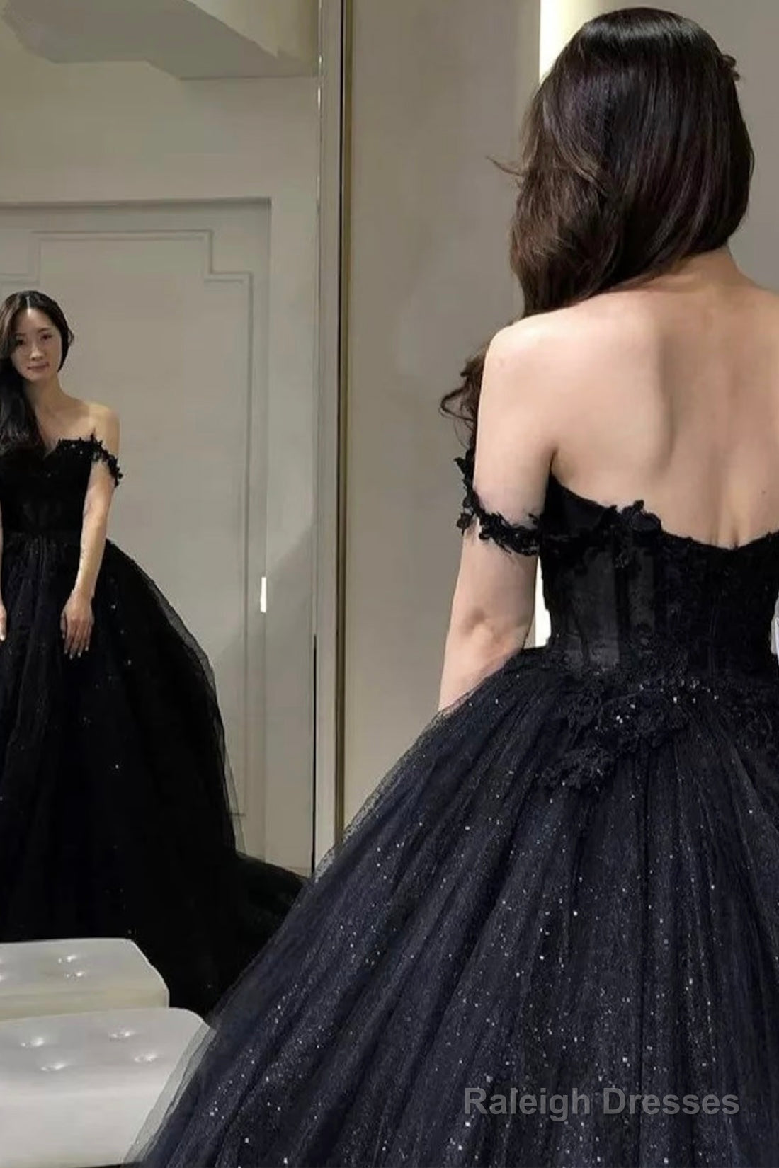 Black Off The Shoulder Tulle Lace Princess Dress, Shiny Tulle Floor Length Evening Party Dress