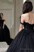Black Off The Shoulder Tulle Lace Princess Dresses Shiny Tulle Floor Length Prom Dresses