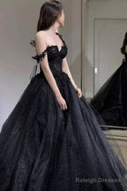 Black Off The Shoulder Tulle Lace Princess Dresses Shiny Tulle Floor Length Prom Dresses