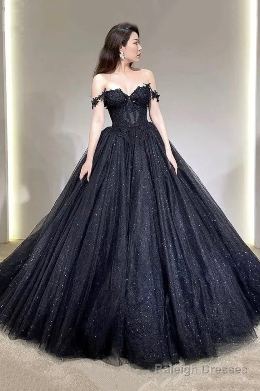 Black Off The Shoulder Tulle Lace Princess Dress, Shiny Tulle Floor Length Evening Party Dress Main image