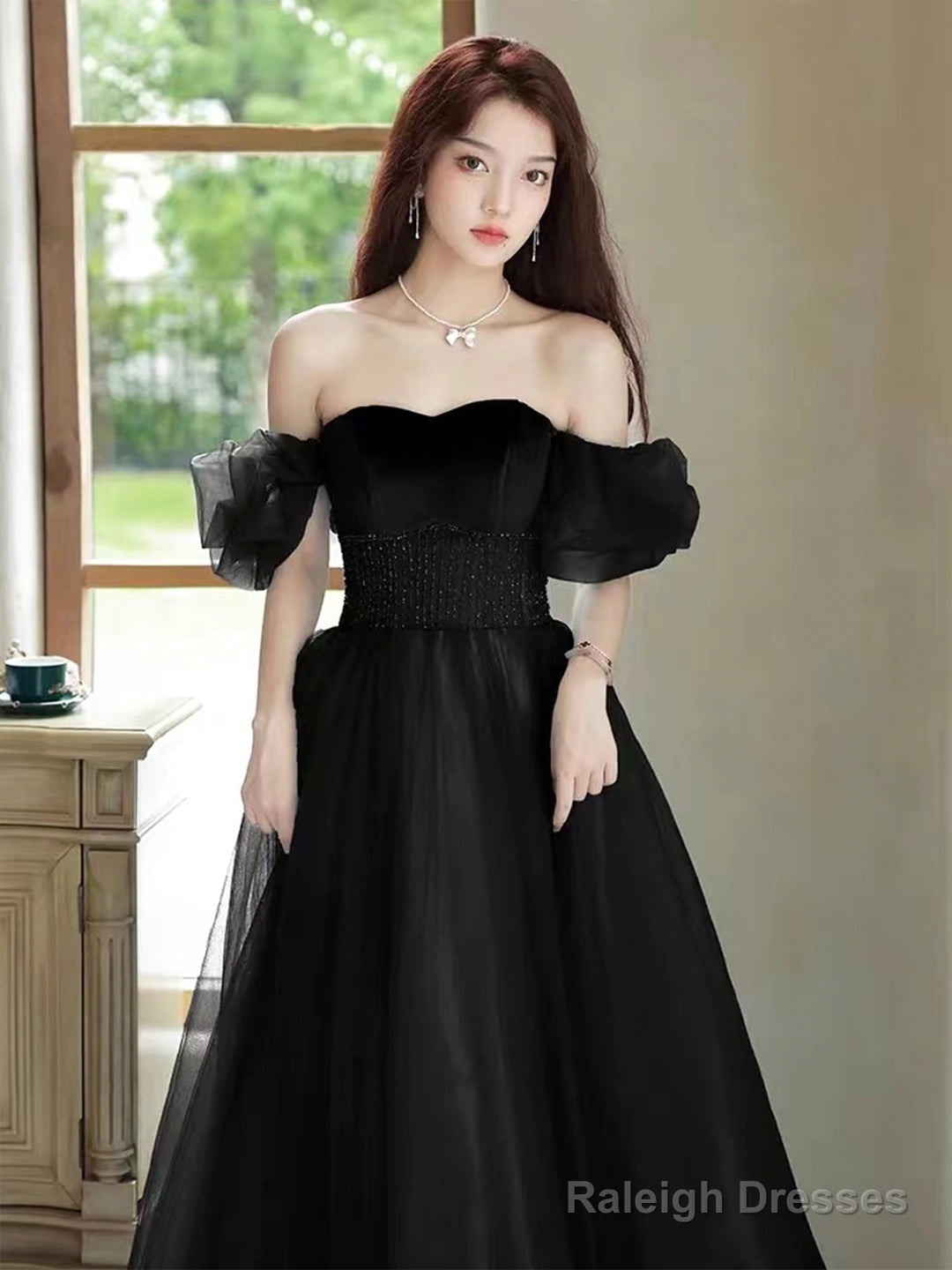 Black Off The Shoulder Velvet And Tulle Long Prom Dress, A-Line Black Evening Dress Secondary image