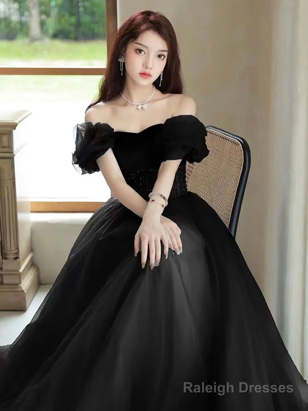 Black Off The Shoulder Velvet And Tulle Long Prom Dress, A-Line Black Evening Dress