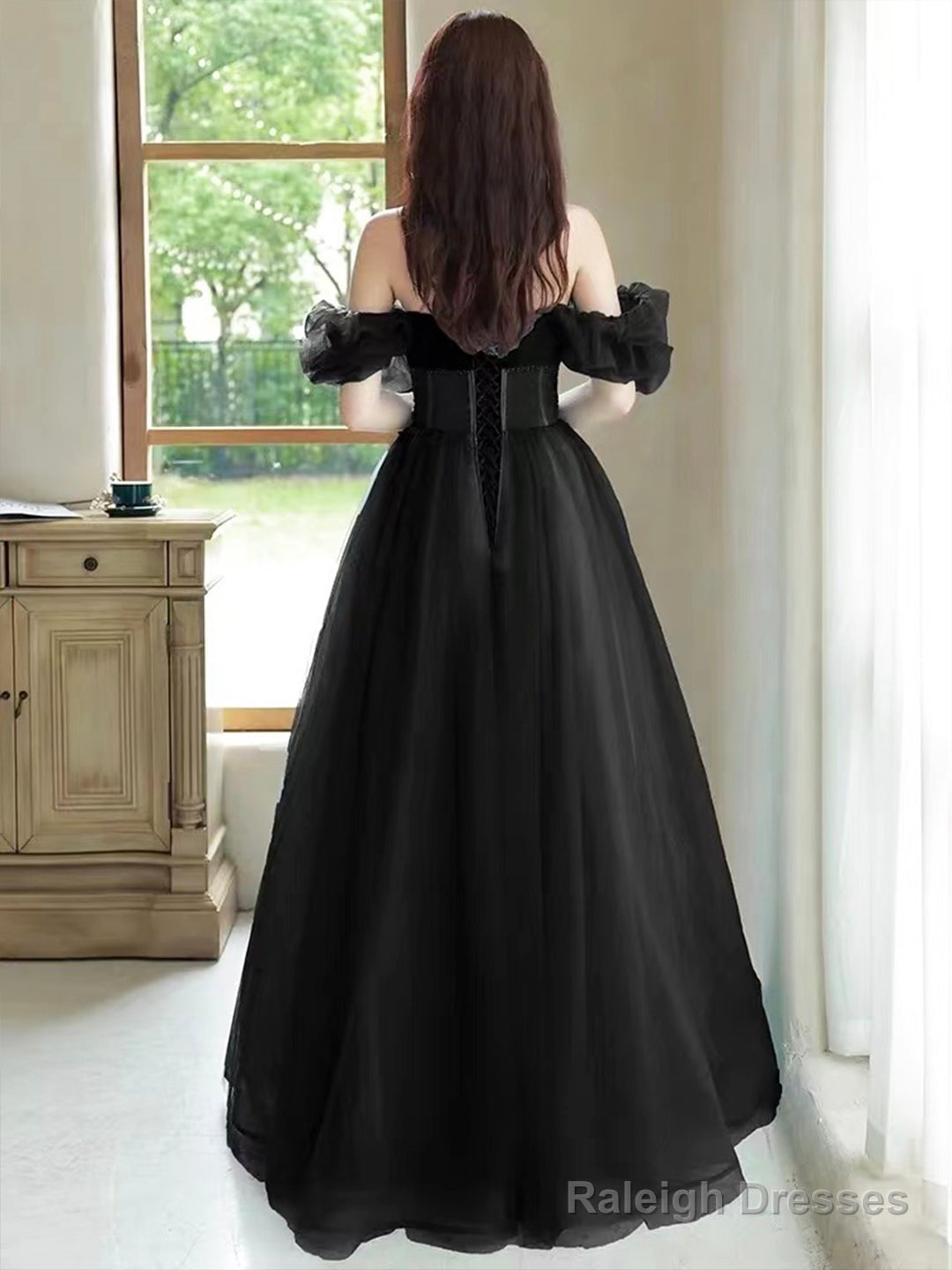 Black Off The Shoulder Velvet And Tulle Long Prom Dress, A-Line Black Evening Dress