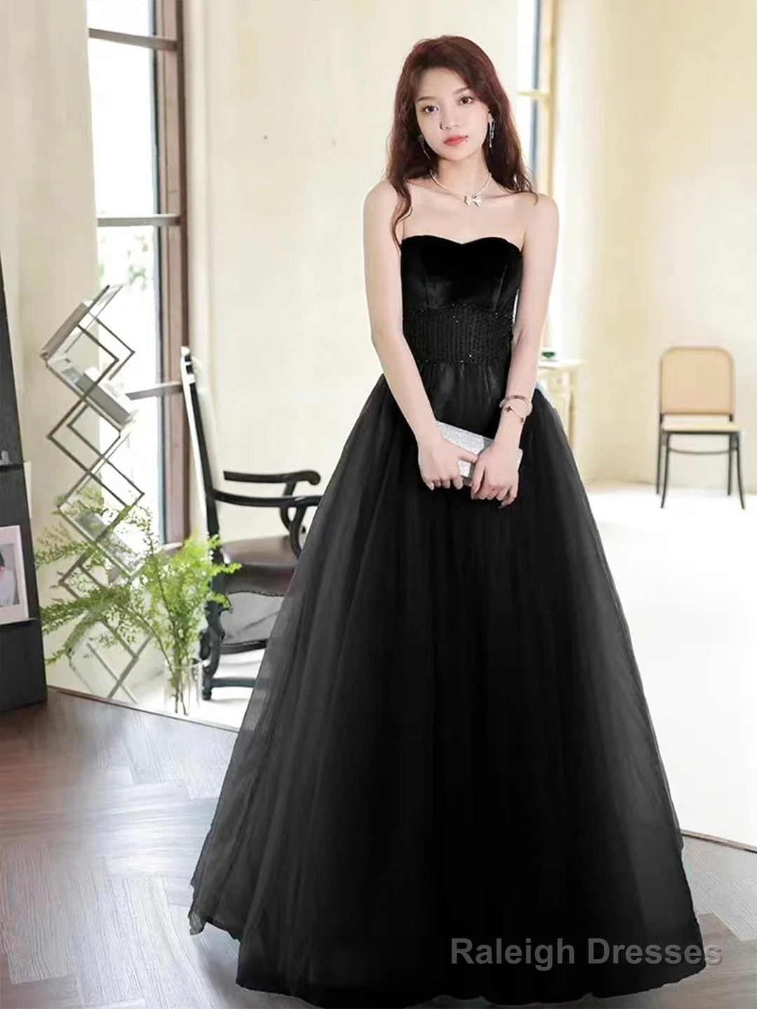 Black Off The Shoulder Velvet And Tulle Long Prom Dress, A-Line Black Evening Dress
