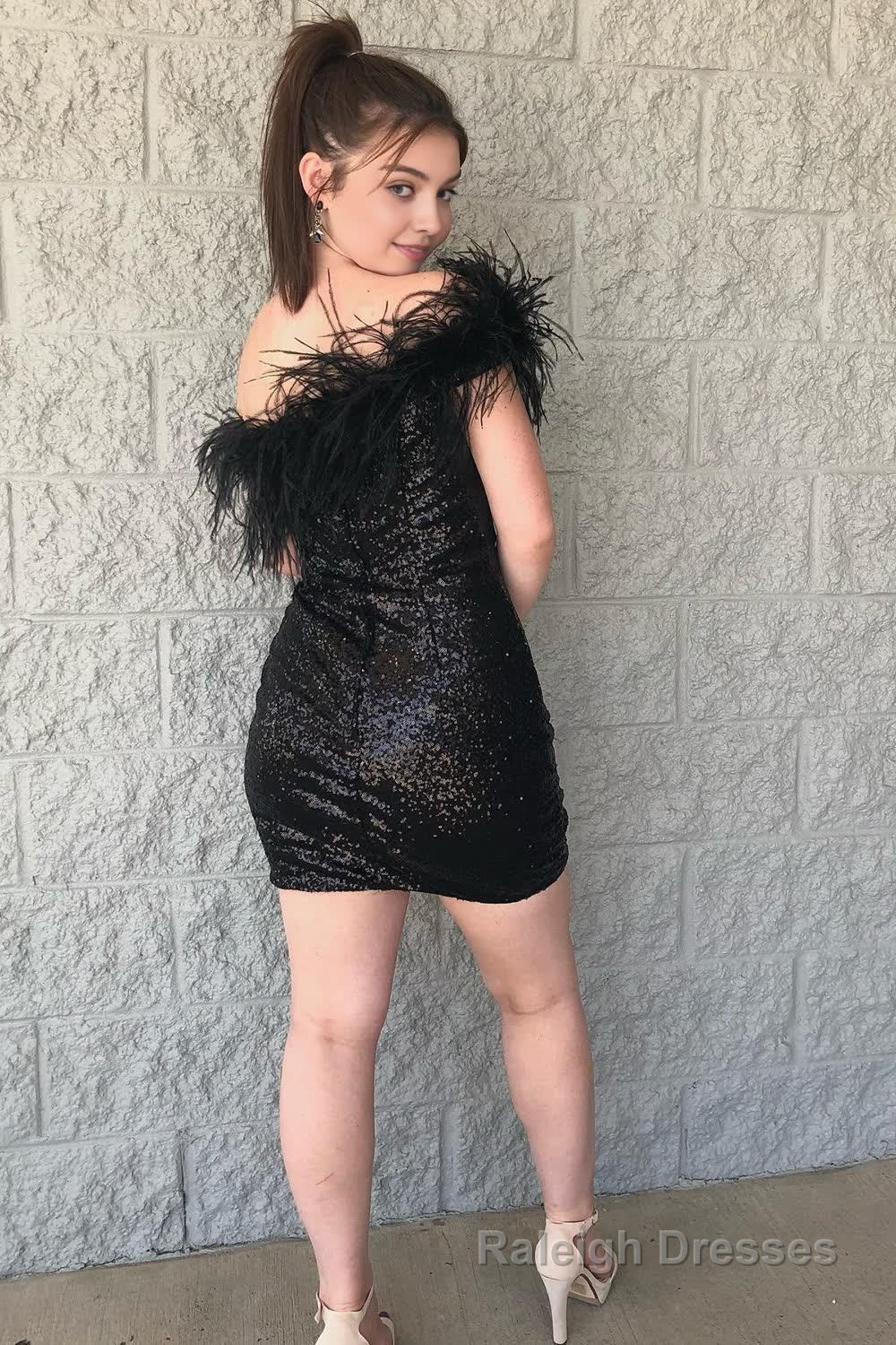 Black One Shoulder Sequins Short Homecoming Dress with Feathers Secondary image