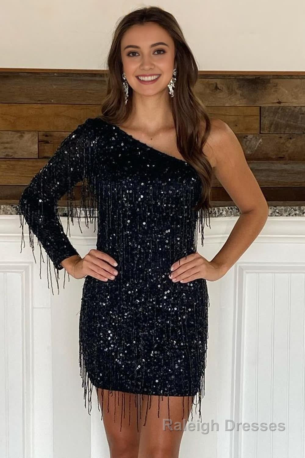 Black One Shoulder Sequins Short Homecoming Dress with Fringes