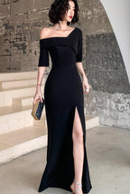 Black One Shoulder Slit Long Evening Dress, Black Formal Dress Prom Dress