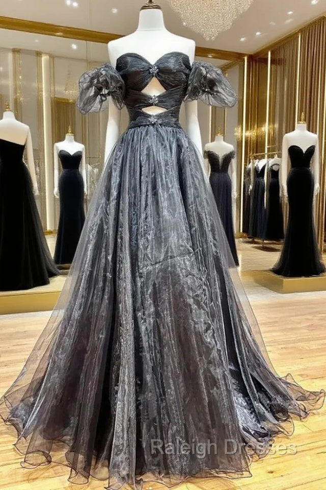Black Organza Off the Shoulder Pleats Prom Dress