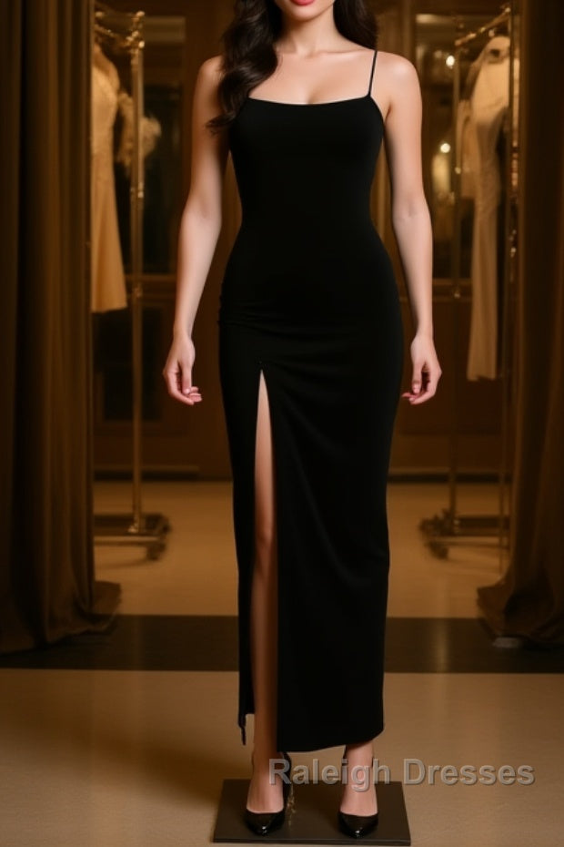 Black Prom Dresses Gorgeous Spaghetti-Straps Mermaid Prom Dresses Long With Split Prom Gowns