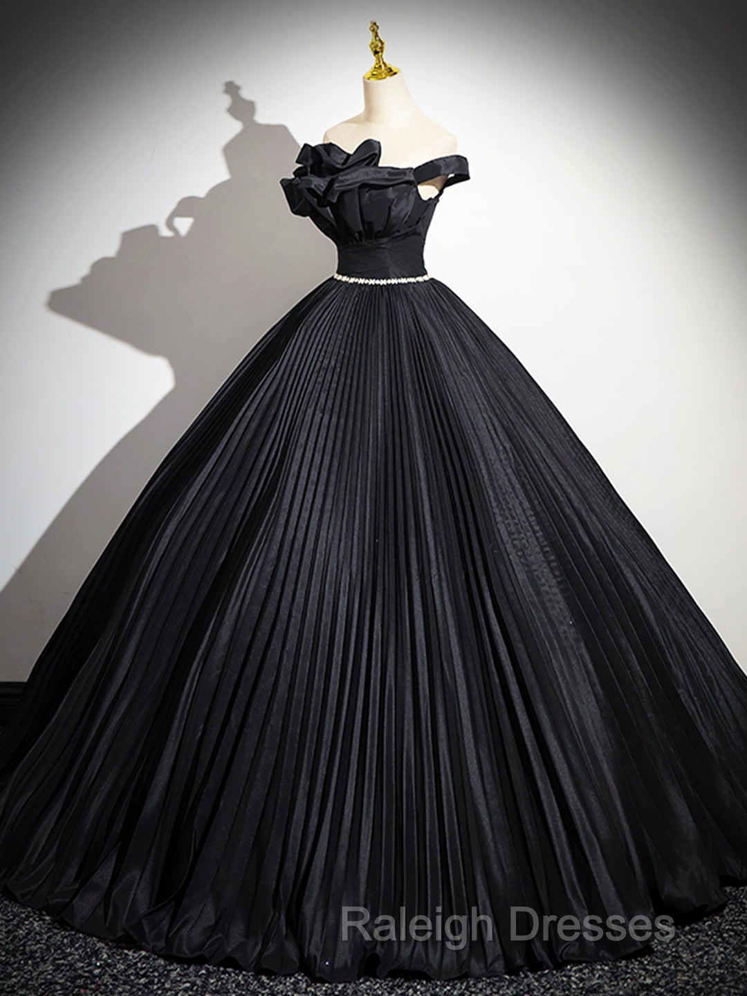 Black Pleated Long A-Line Party Gown With Rhinestone Sash, Elegant Off The Shoulder Formal Evening Dress