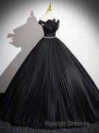 Black Pleated Long A-Line Party Gown With Rhinestone Sash, Elegant Off The Shoulder Formal Evening Dress