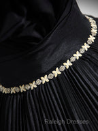 Black Pleated Long A-Line Party Gown With Rhinestone Sash, Elegant Off The Shoulder Formal Evening Dress