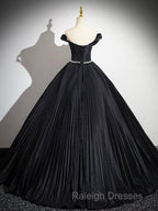 Black Pleated Long A-Line Party Gown With Rhinestone Sash, Elegant Off The Shoulder Formal Evening Dress