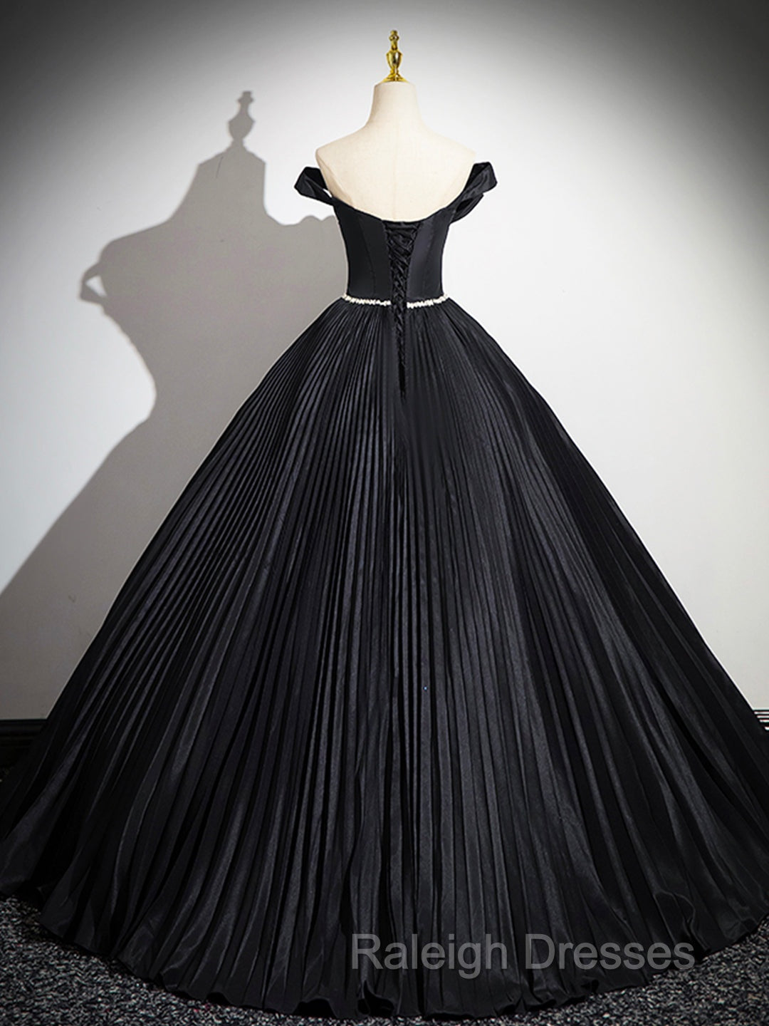 Black Pleated Long A-Line Party Gown With Rhinestone Sash, Elegant Off The Shoulder Formal Evening Dress