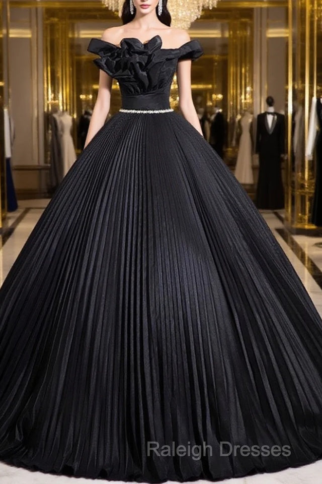 Black Pleated Long A-Line Party Gown With Rhinestone Sash, Elegant Off The Shoulder Formal Evening Dress Main image
