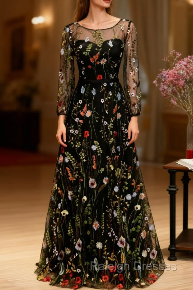 Black Print Long Sleeve Prom Dress Main image