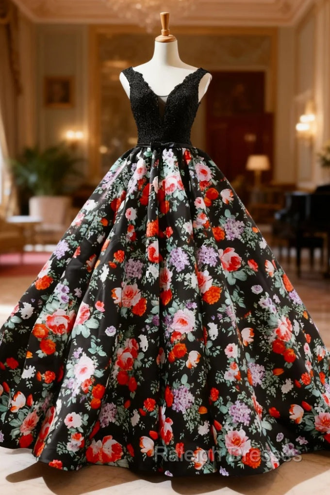 Black Print Satin Lace V Neck Backless Floor Length Wedding Dresses Main image