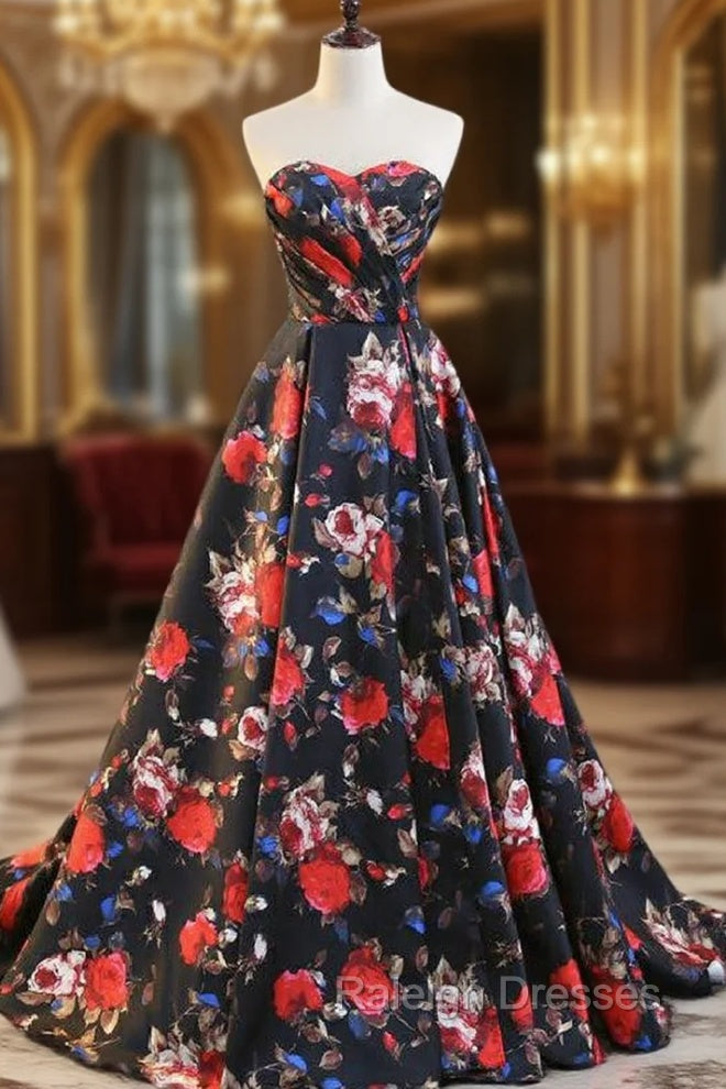 Black Print Satin Sweethearth Prom Dress With Split