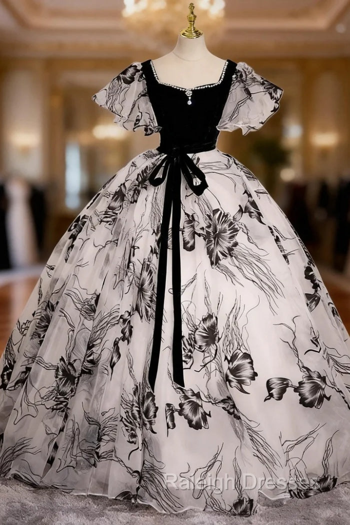 Black Print Velvet Square Quinceanera Dress Main image