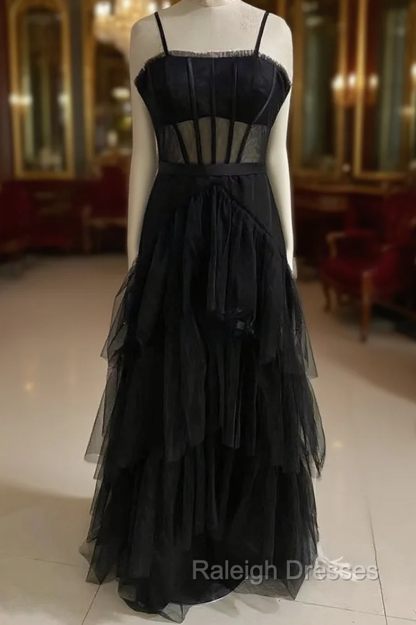 Black Prom Dress, Elegant A-line Layered Tulle Prom Dresses,Sheer Corset Long Evening Dress