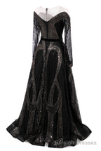 Black Prom Dresses A-line Heavily Beading Long Sleeves Women Evening Dresses