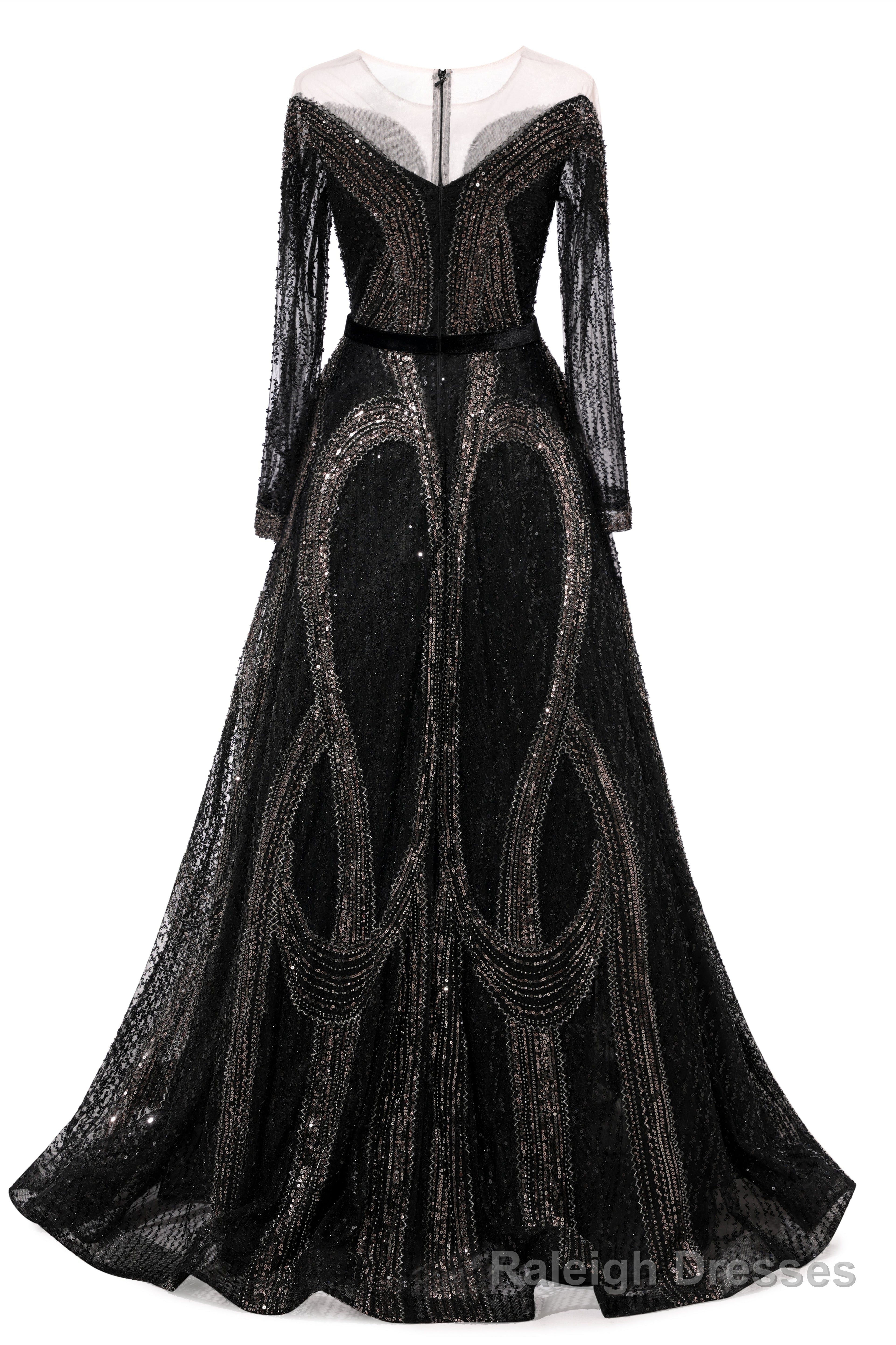 Black Prom Dresses A-line Heavily Beading Long Sleeves Women Evening Dresses