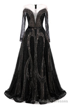 Black Prom Dresses A-line Heavily Beading Long Sleeves Women Evening Dresses