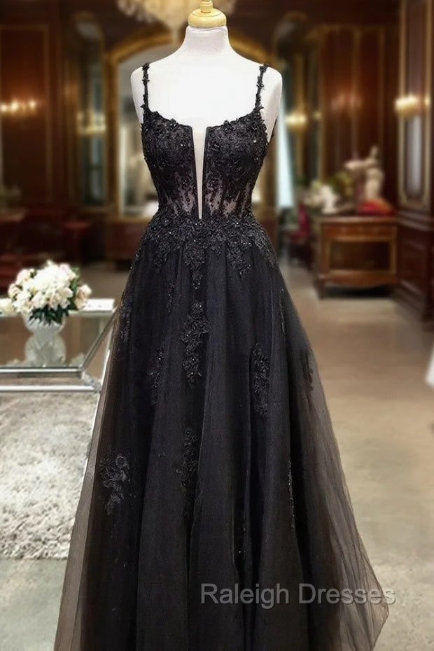 Black Prom Dresses, A-line Square Neckline Spaghetti Straps Long/Floor-Length Tulle Prom Dress With Glitter Beading Appliqued