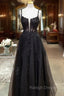 Black Prom Dresses, A-line Square Neckline Spaghetti Straps Long/Floor-Length Tulle Prom Dress With Glitter Beading Appliqued