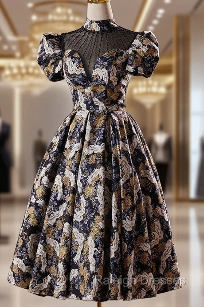 Black Puff Sleeve High Neck Backless Homecoming Dress Main image