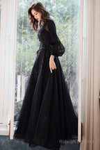 Black Puffy Sleeves Tulle With Lace Long Prom Dresses A-Line Back Long Prom Dresses