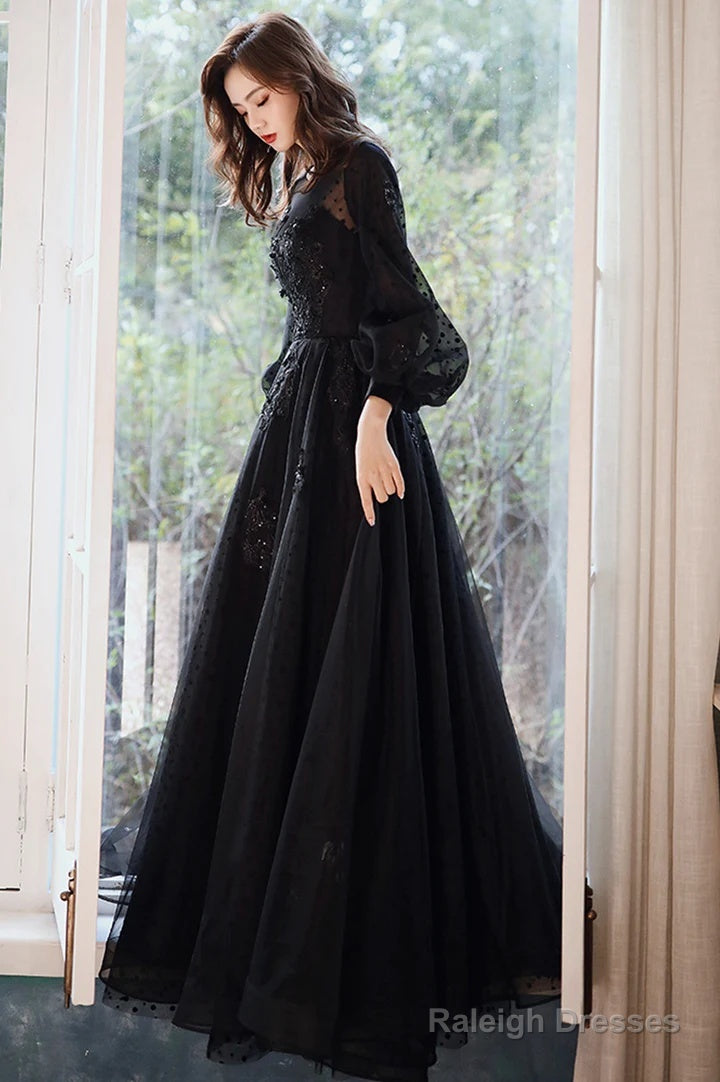 Black Puffy Sleeves Tulle With Lace Long Prom Dresses A-Line Back Long Prom Dresses