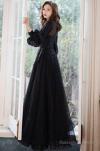 Black Puffy Sleeves Tulle With Lace Long Evening Dress, A-Line Back Long Formal Dress