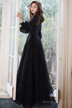 Black Puffy Sleeves Tulle With Lace Long Prom Dresses A-Line Back Long Prom Dresses