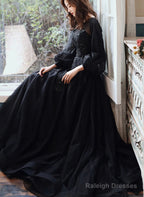 Black Puffy Sleeves Tulle With Lace Long Evening Dress, A-Line Back Long Formal Dress