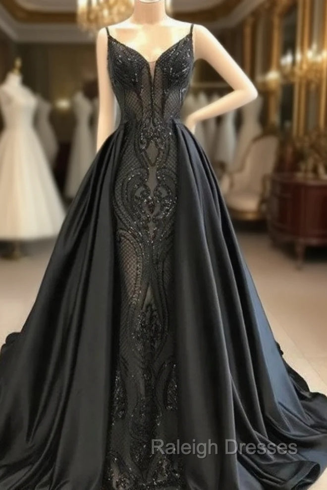 Black Robe De Soiree A-Line Spaghetti Straps Appliques Long Prom Dresses Prom Gown Evening Dresses Main image