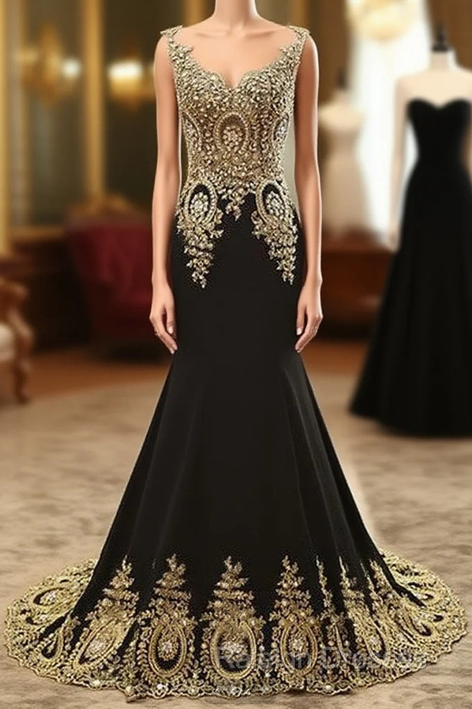 Black Round Neck Lace Applique Long Prom Dress, Black Evening Dress Main image