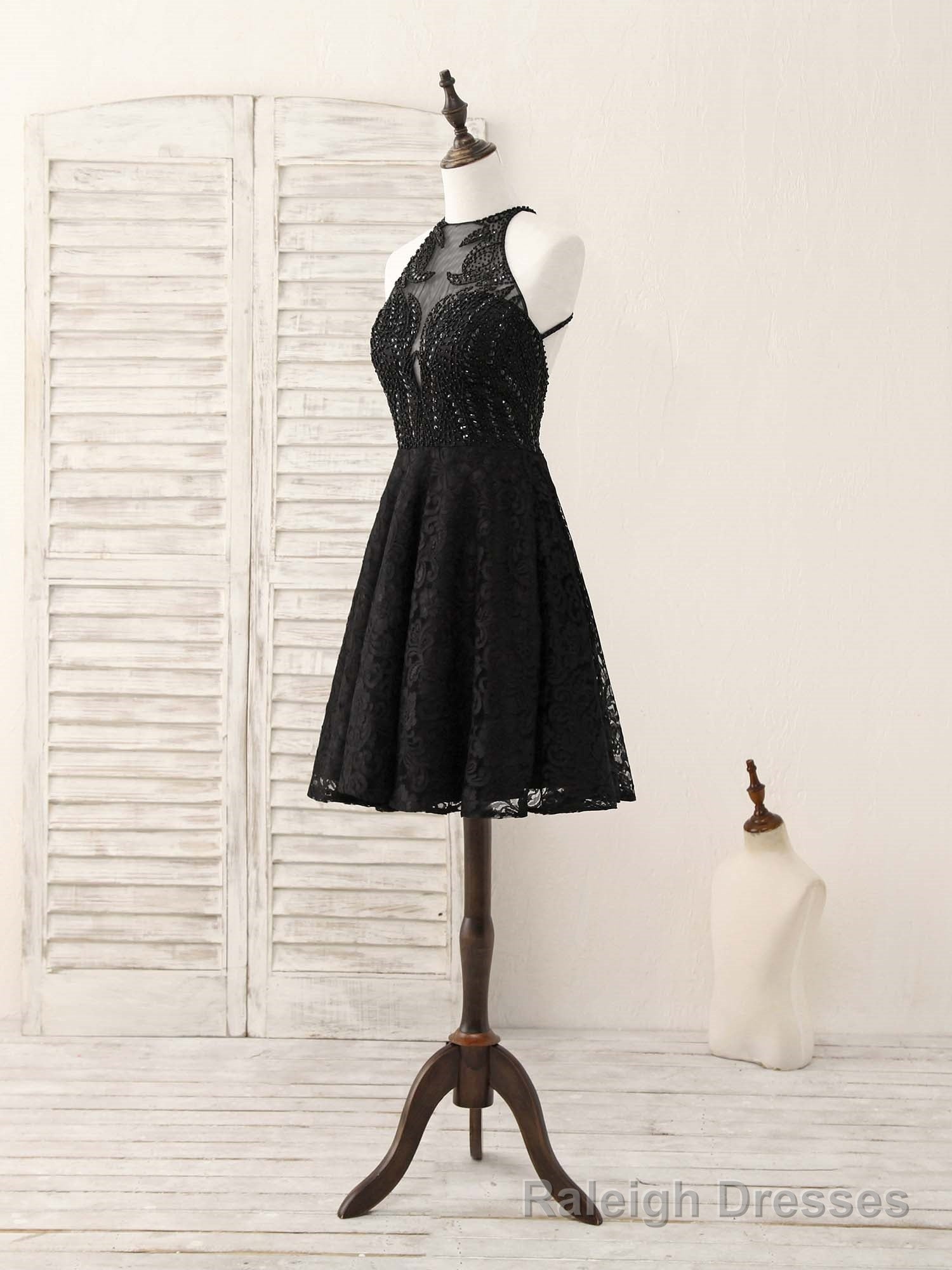 Black Round Neck Lace Beads Short Prom Dress, Black Homecoming Dress