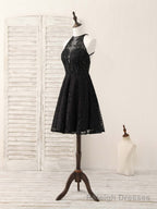 Black Round Neck Lace Beads Short Prom Dress, Black Homecoming Dress