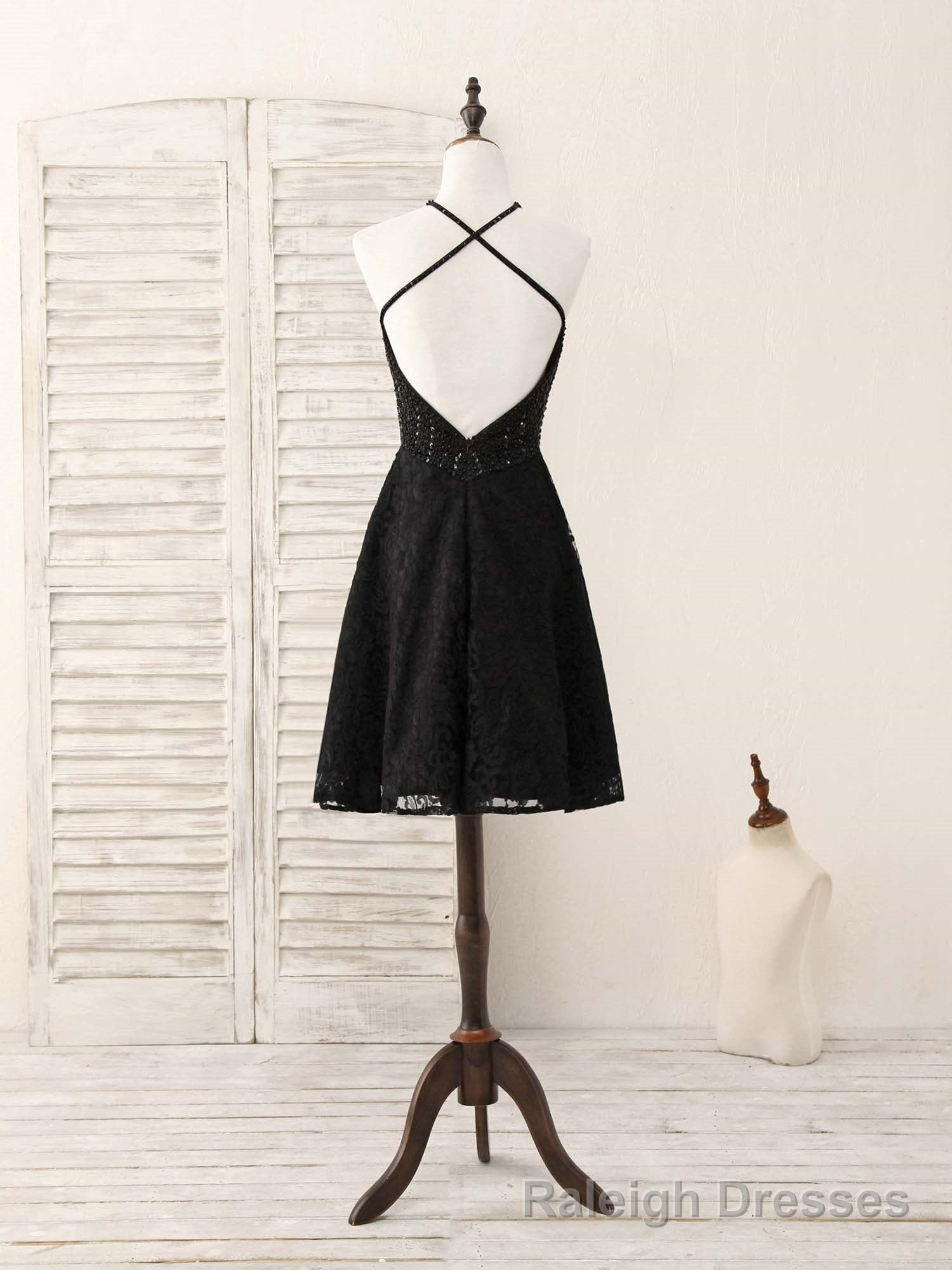 Black Round Neck Lace Beads Short Prom Dress, Black Homecoming Dress