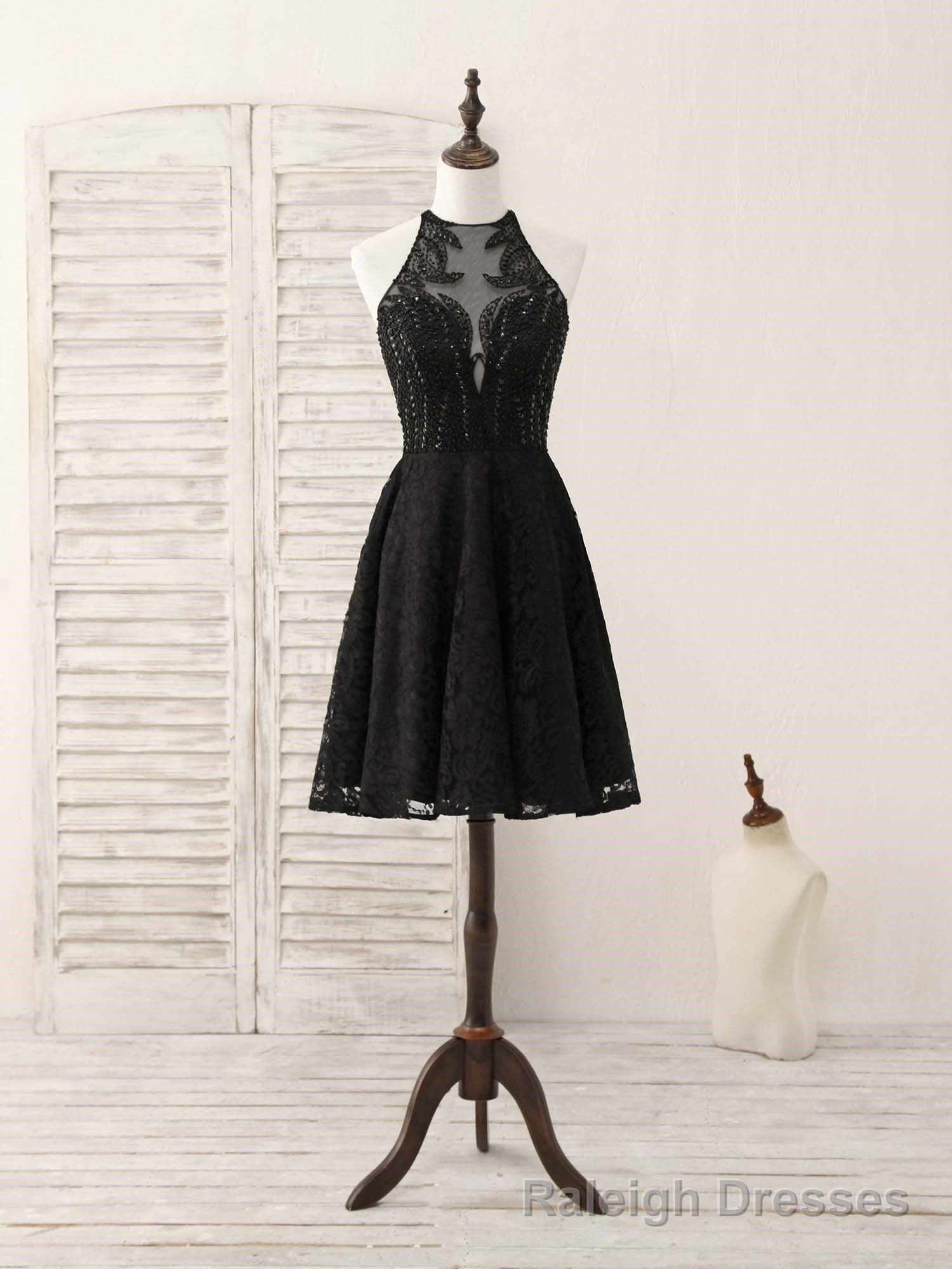 Black Round Neck Lace Beads Short Prom Dress, Black Homecoming Dress Main image