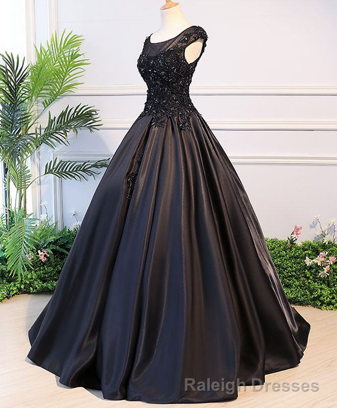 Black Round Neck Lace Long Prom Dress, Black Prom Dress