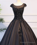 Black Round Neck Lace Long Prom Dress, Black Prom Dress