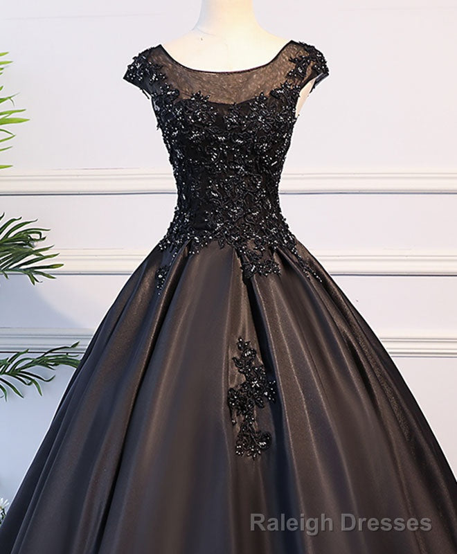 Black Round Neck Lace Long Prom Dress, Black Prom Dress