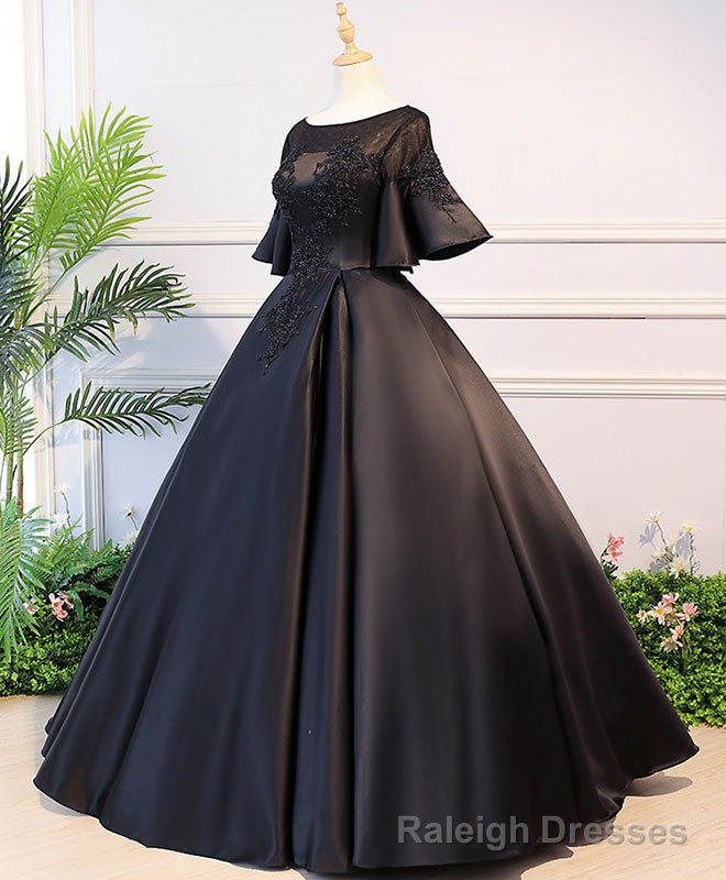 Black Round Neck Satin Lace Long Prom Dress, Sweet 16 Dress Main image