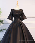 Black Round Neck Satin Lace Long Prom Dress, Sweet 16 Dress