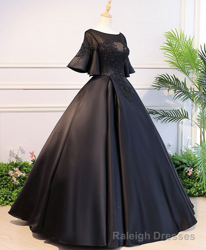 Black Round Neck Satin Lace Long Prom Dress, Sweet 16 Dress