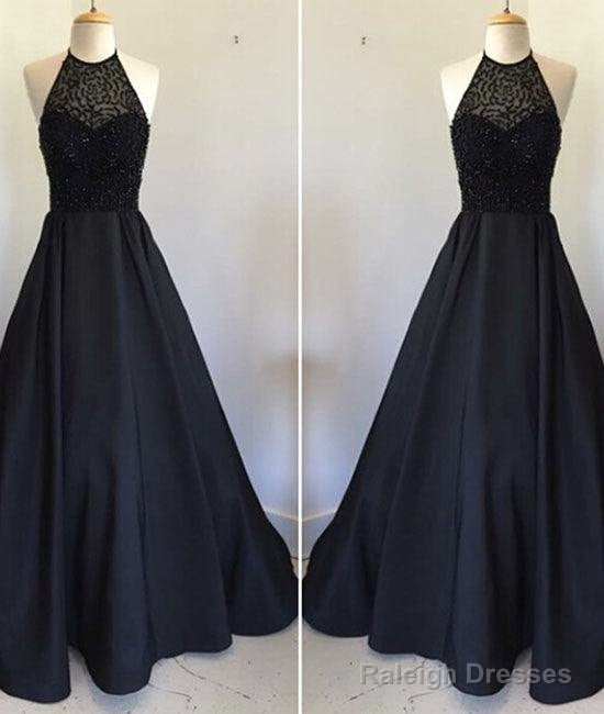Black Round Neck Satin Long Prom Dress, Black Evening Dress