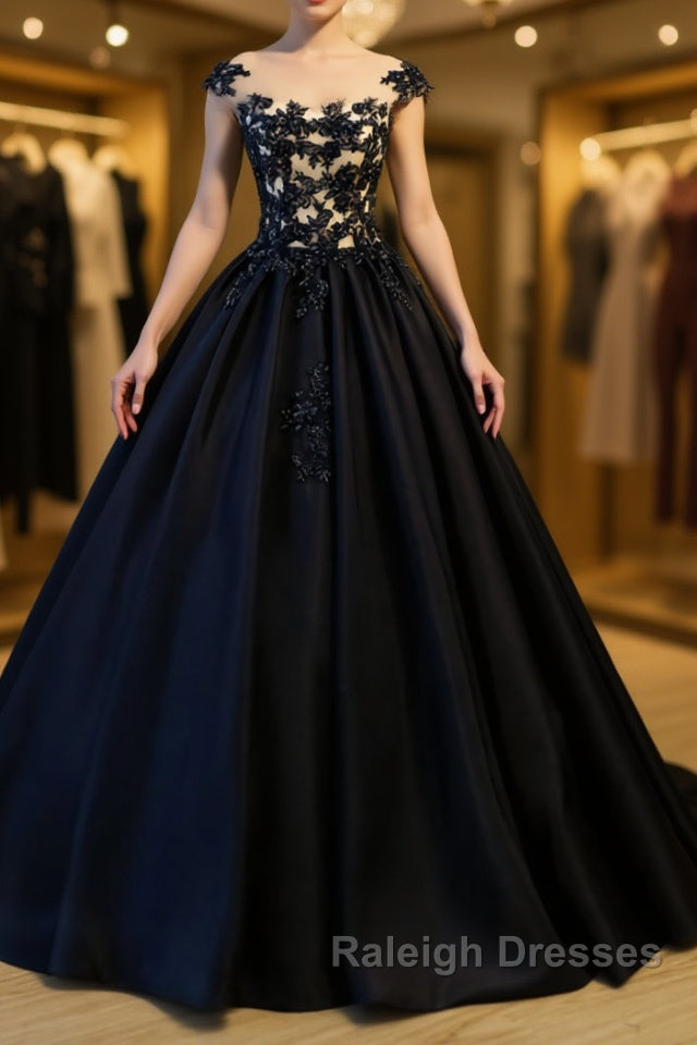 Black round neck satin long prom gown, black evening dress Main image